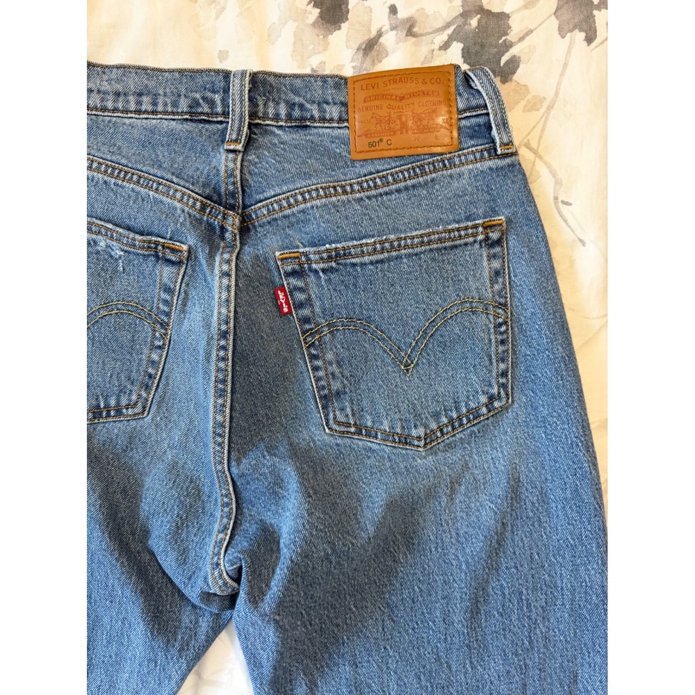 Levis Premium 501 Original Curve Jeans Blue Distressed High Rise Straight Leg